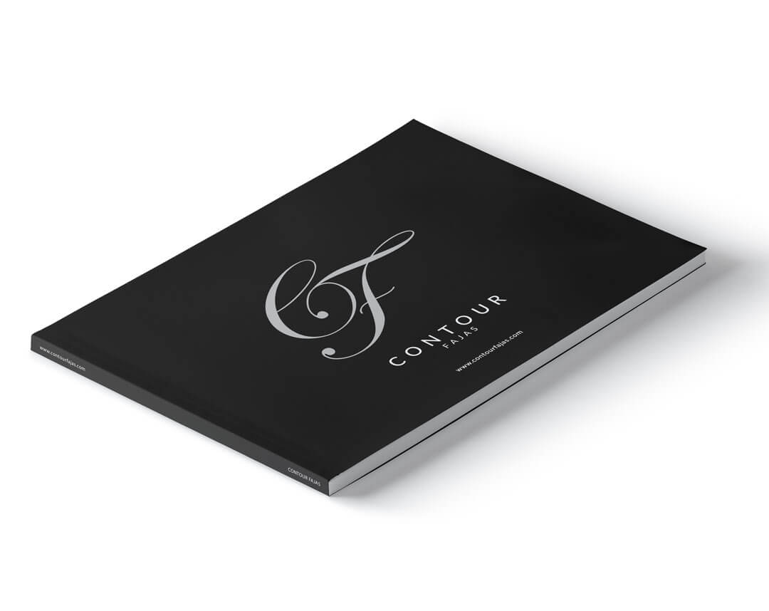 The Contour Fajas Brochure shows the front cover with the Logo on the cover. Design work by Oracle Design.