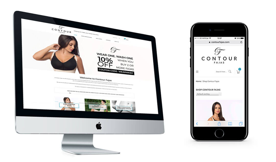 Graphic examples of how the Contour Fajas website looks on a PC and smartphone devices display. Designed and built by Oracle Design