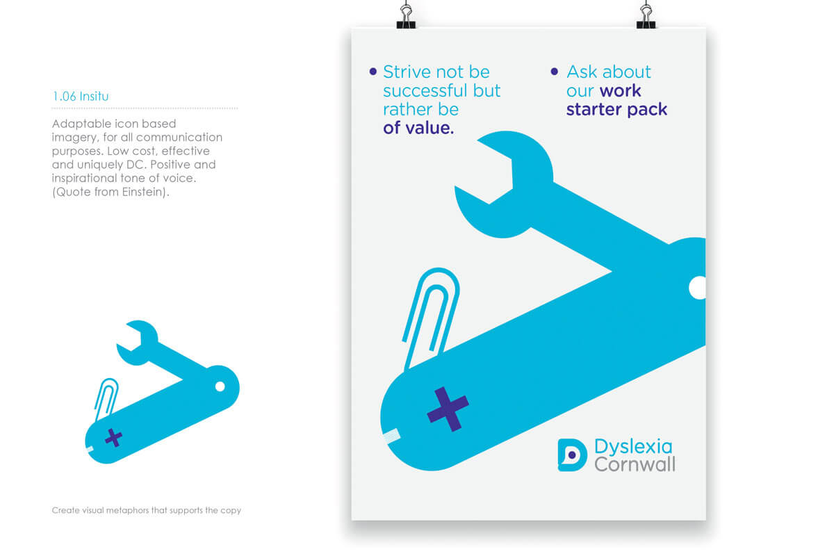 Branding examples by Oracle Design, showcasing the Dyslexia Cornwall on printed posters and brochures.