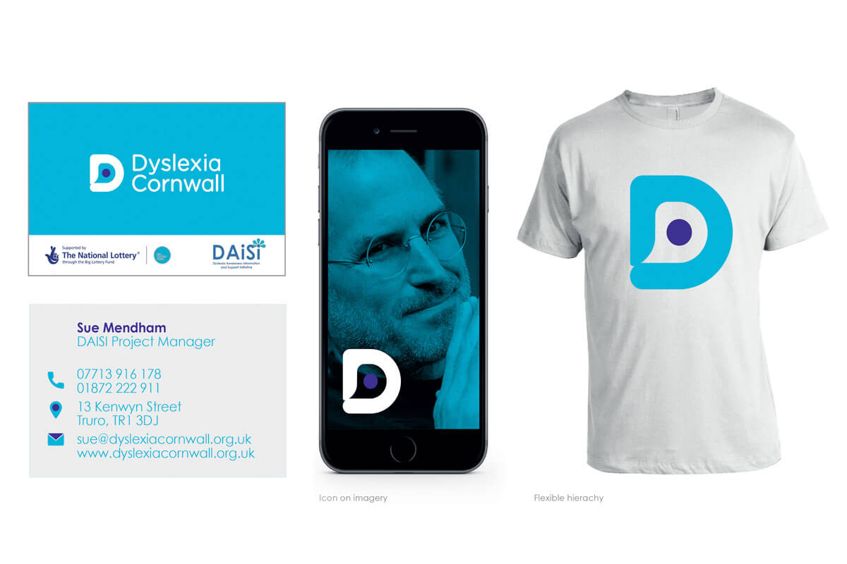 Different examples of the Dyslexia Cornwall branding. As is seen on business cards, a smartphone website, and a t-shirt. Designed by Oracle Design.