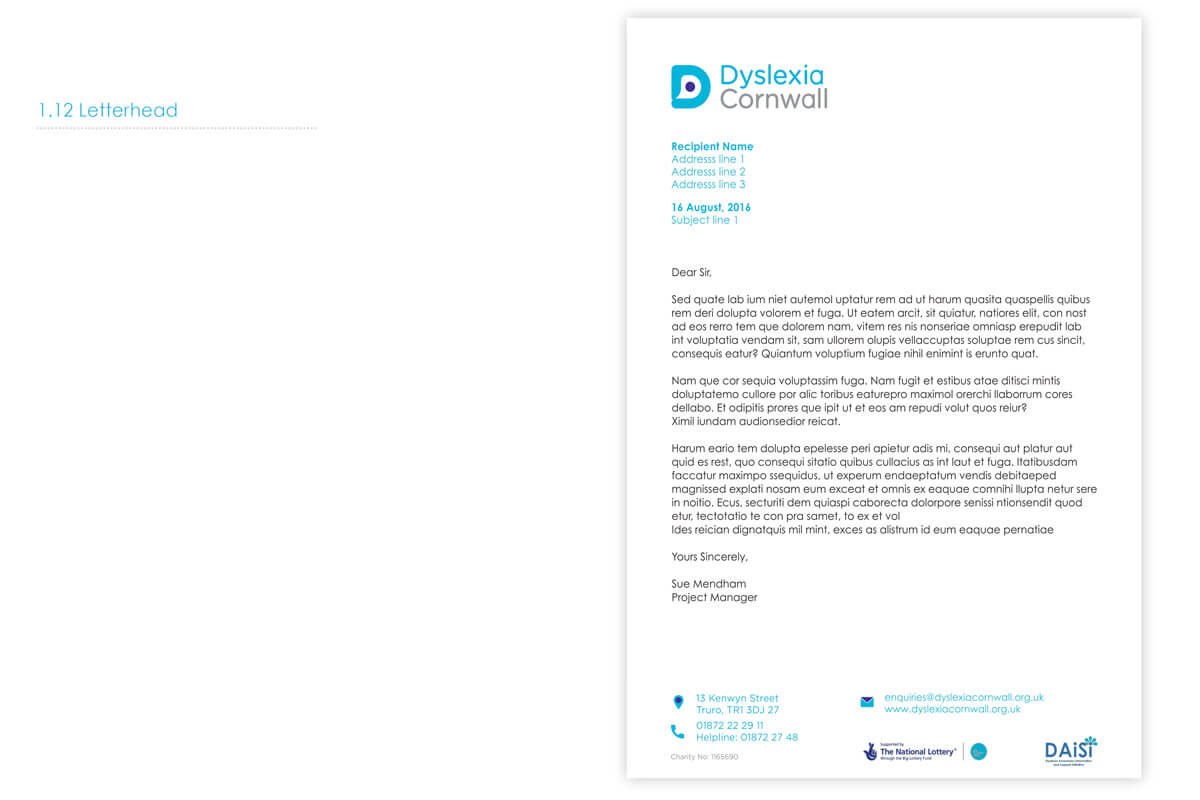An example of the Dyslexia Cornwall stationary and letterheads. By Oracle Design.