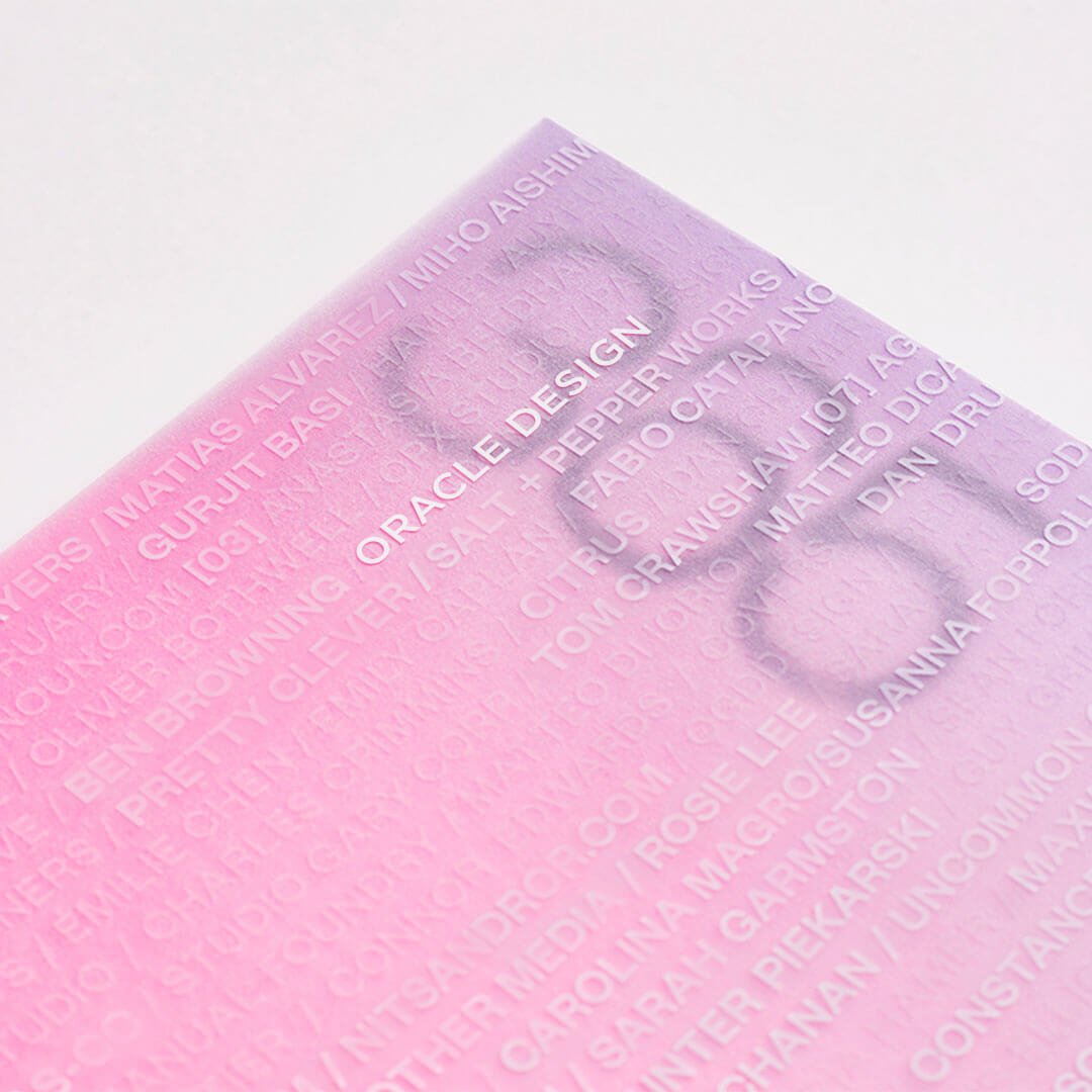 The Fedrigoni 365 2021 brochure cover. Zoomed in on the corner which mentions Oracle Design.