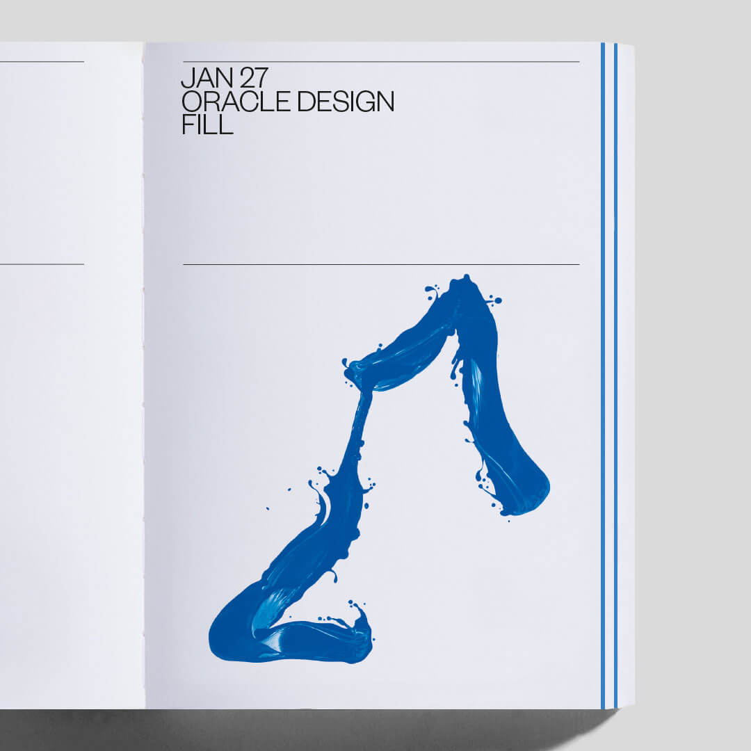 The Oracle Designed page for the Fedrigoni 2021 365 brochure calendar. Showing a 7 tilted and pouring into the 2 number.