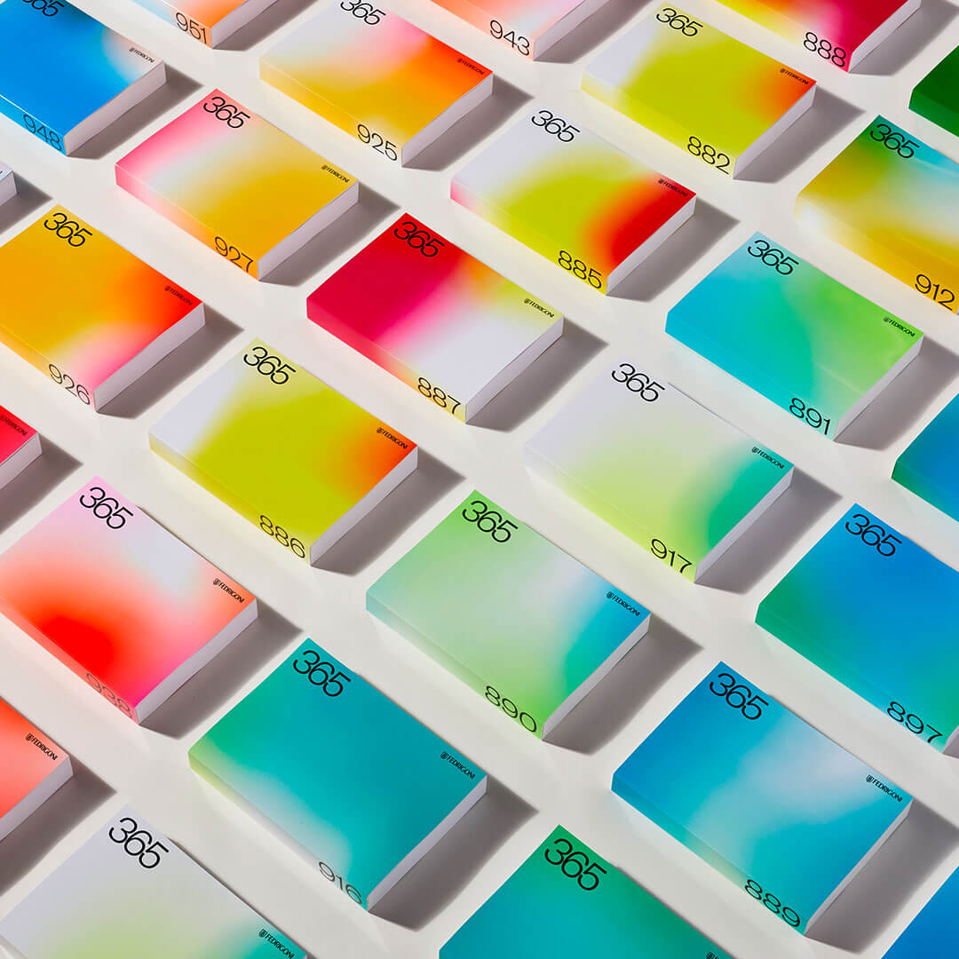 Multiple variants of the Fedrigoni brochure laid out in rows