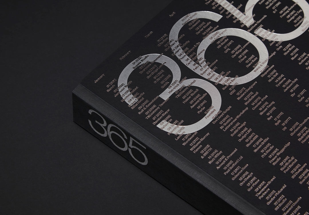 A close-up shot of the Fedrigoni 2018 365 brochure. A black brochure listing all the individual designers and agencies that worked on the project.