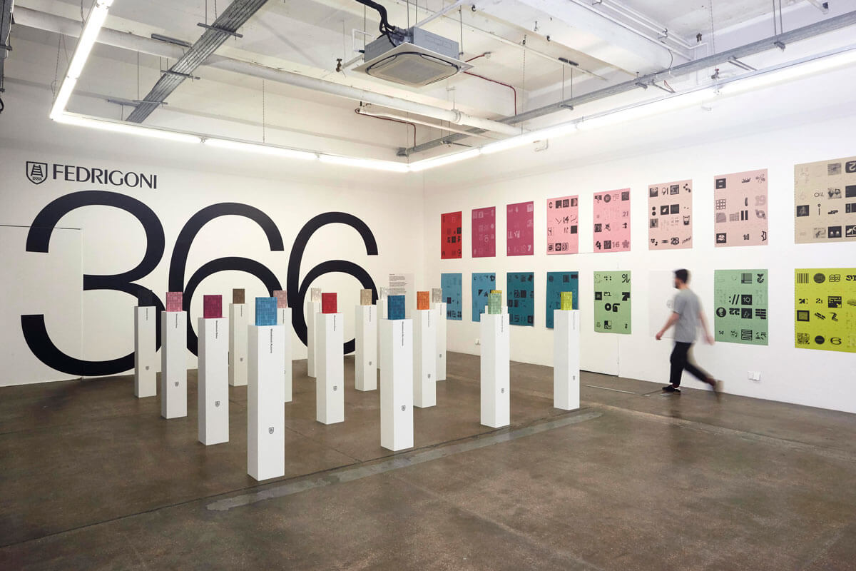 A big open room displaying the Fedrigoni brochures on stands for the Fedrigoni event