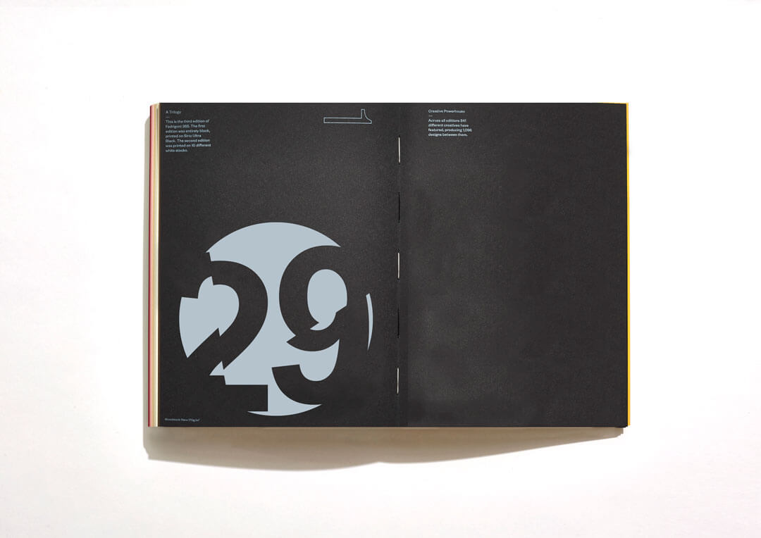 The Oracle designed page for the Fedrigoni 366 brochure. A black page with a white circle with the number 29 inside.