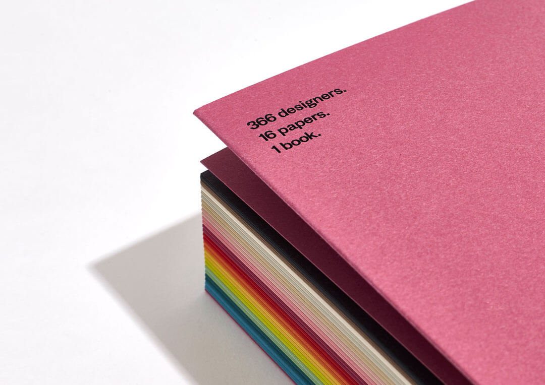A close-up shot of the Fedrigoni brochure. With the text 366 designers, 16 papers, and 1 book.