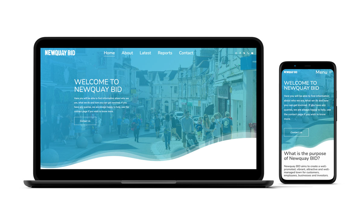 The Newquay BID website displayed as it would be seen on a PC and a smartphone screen. Built and Designed by Oracle Design
