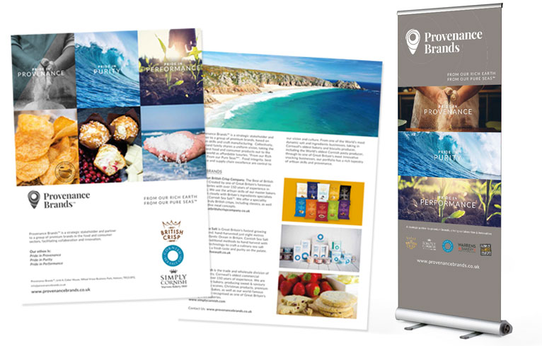 The Provenance Brand graphics is displayed on brochure pages and a roller screen. Design and build by Oracle Design.
