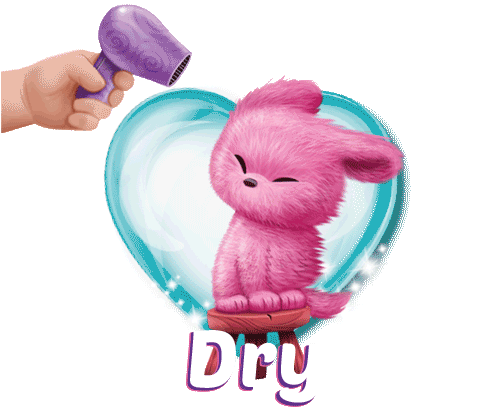 An animated GIF showing a pink Scruff Ball being dried and looking around. Designed and created by Oracle Design