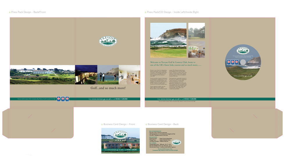 Examples of the Trevose press pack laid flat showing all the branding and design by Oracle Design.