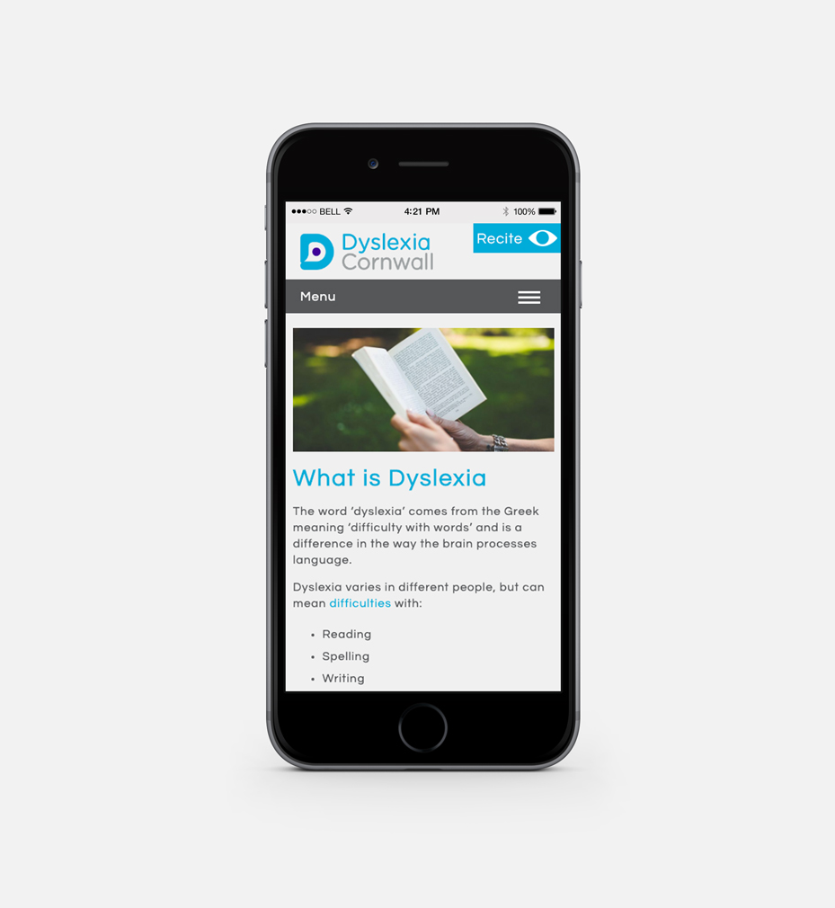 A visual of a mobile phone displaying the Dyslexic Cornwall website that was designed and built by Oracle Design