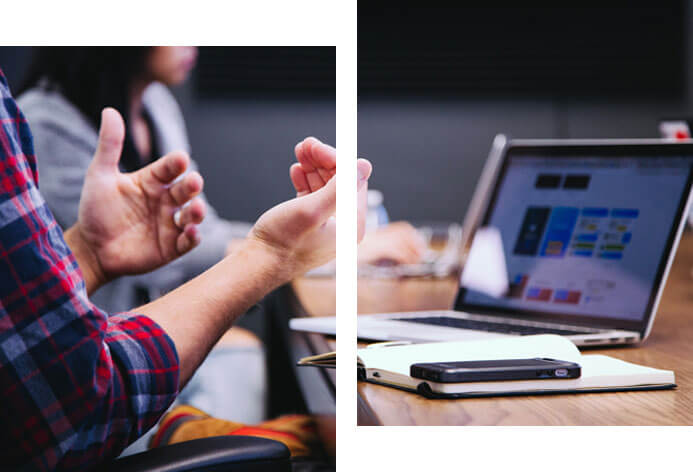 a split photo of 2 people working together at a table having a discussion